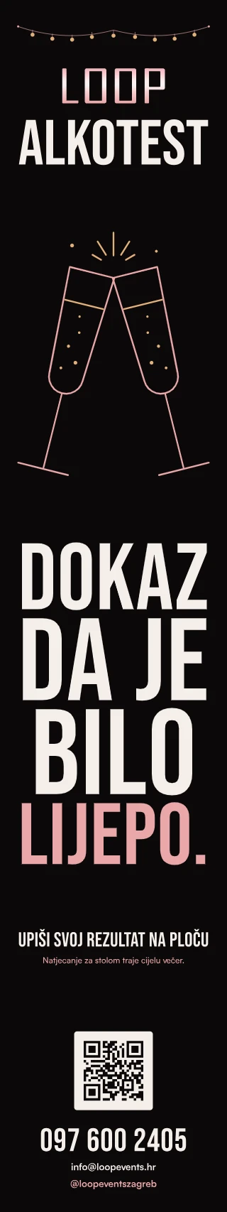 Bočna naljepnica alkotesta: lampice, čaše koje nazdravljaju, slogan i QR kod